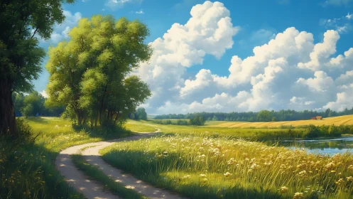 Digital painting of sunlit rural path and cloudbank landscape.