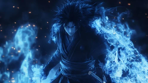 Blue flame warrior with sword in dark atmospheric scene.