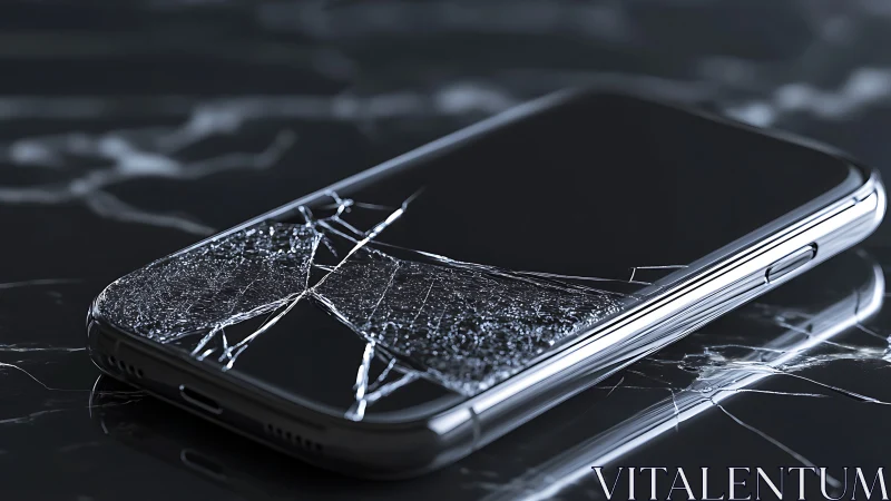 High-resolution macro study of cracked smartphone glass on marble
