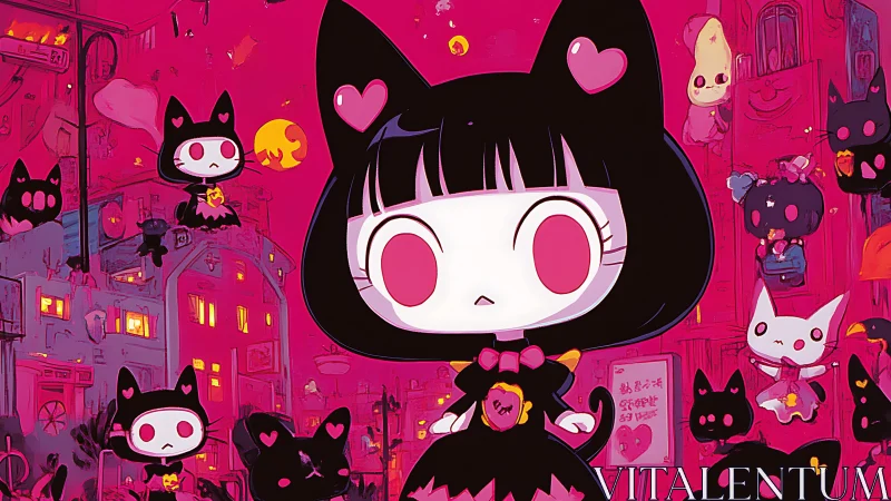 Gothic chibi cat girl amid neon pink kawaii ghosts.