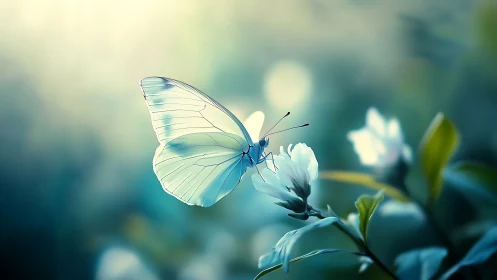 White butterfly rests on flower in cool blue-toned light