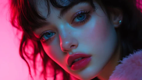 Close portrait in neon pink and blue cinematic lighting.
