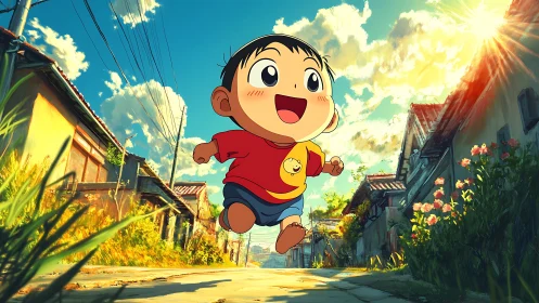Joyful child sprinting through sunlit anime village street.