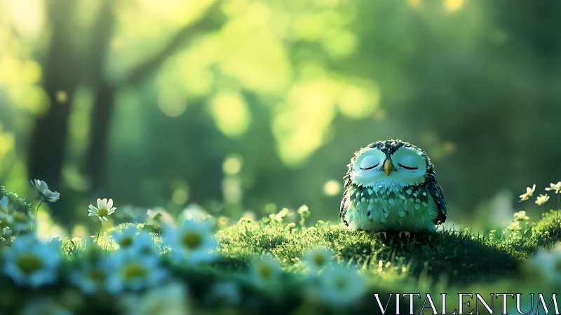 Tiny owl rests on sunlit meadow amid soft bokeh forest.
