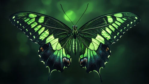 Emerald green butterfly spreads luminous wings in shadowed forest.