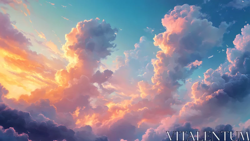 Digital painting of radiant sunset cumulonimbus skyscape.