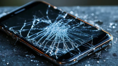 Radial impact fracture across smartphone glass display surface.