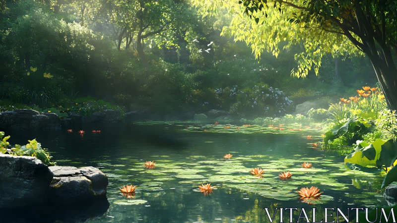 Sunlit lily pond reflects dense forest garden stillness.