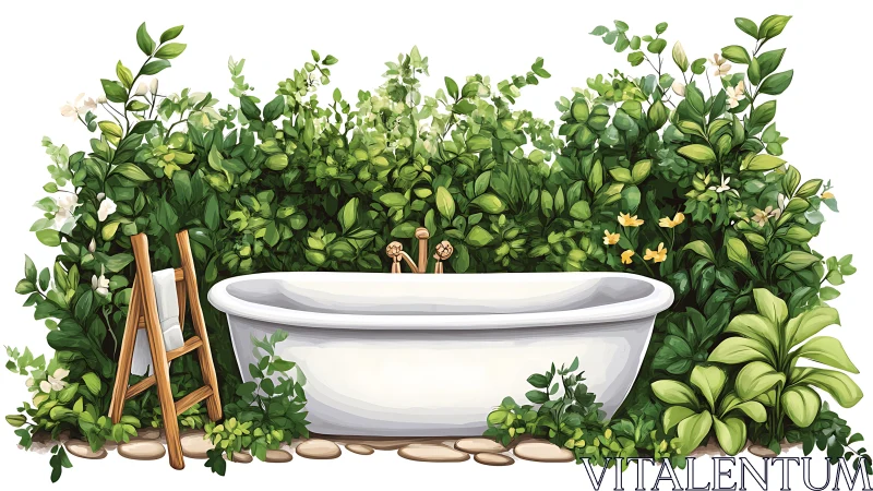 Outdoor soaking tub surrounded by dense green garden plants.