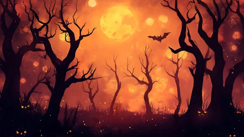 Luminous harvest moon over stylized haunted forest silhouettes