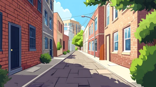 Sunlit brick alleyway with row houses and distant highrise