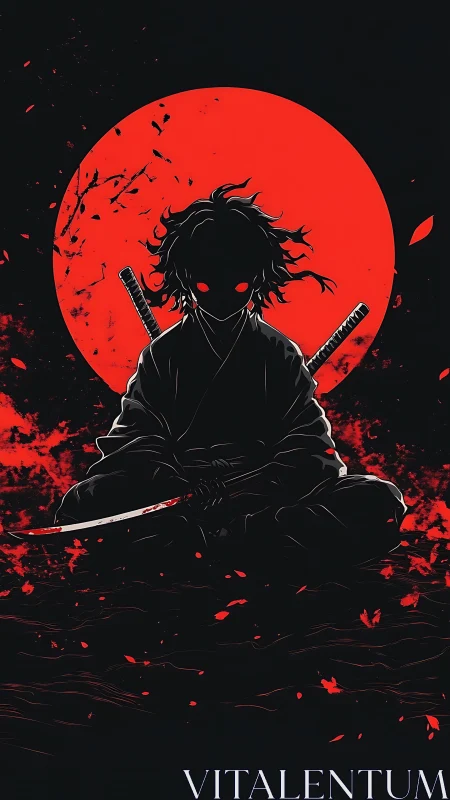 Silent crimson samurai resting beneath a burning moon.