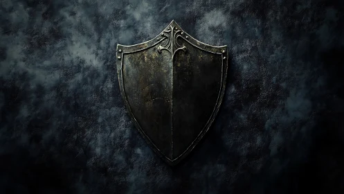 Weathered steel shield on dark textured stone wall.