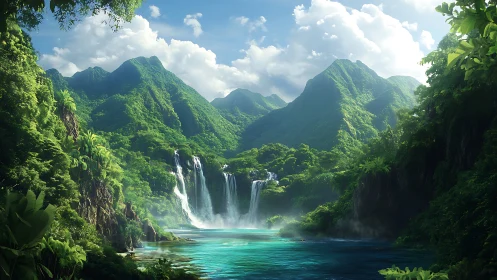 Lush tropical mountains surround multi tiered waterfall lagoon