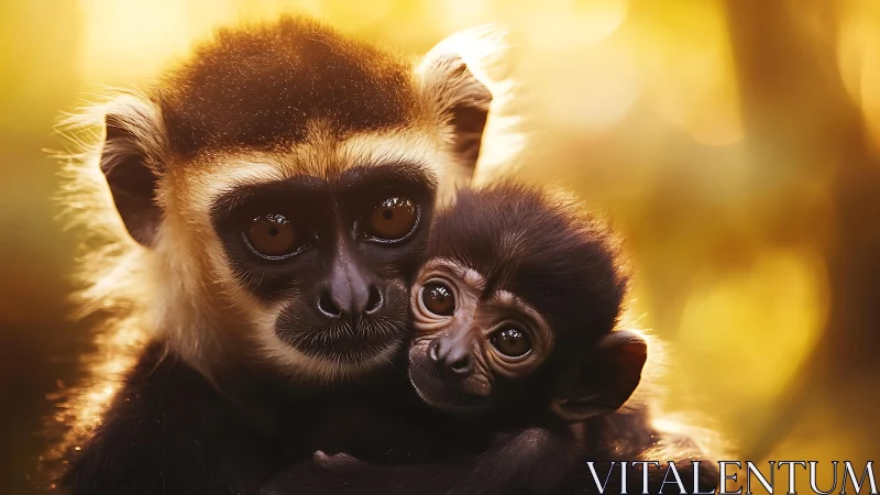 Mother langur cradles infant in warm golden backlight
