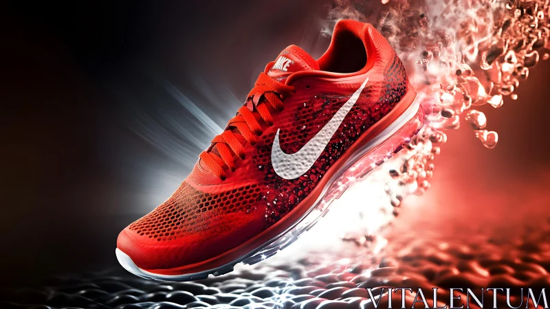 Vibrant red Nike running shoe with dynamic digital effects.