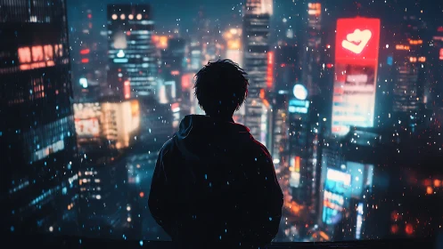 Silhouetted figure over neon cityscape in snowfall at night.
