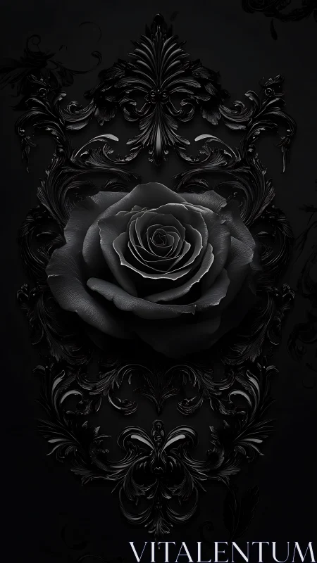 Black rose rests within ornate baroque carved frame.