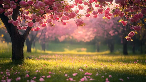 Cherry blossoms glow in soft spring sunset light beneath trees.