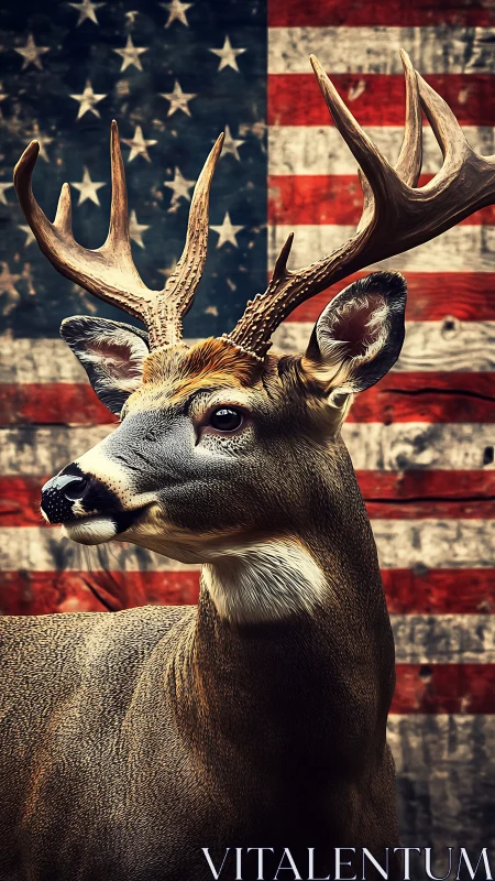 Whitetail deer portrait set before worn American flag backdrop.
