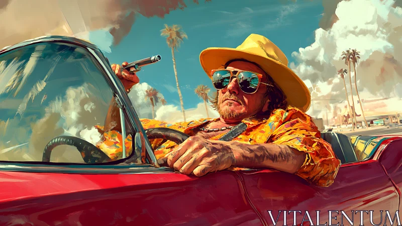 Man with revolver in red convertible under palm trees.