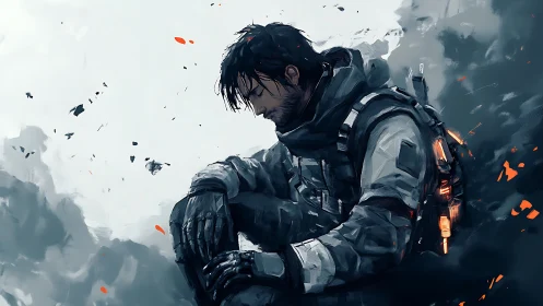 Solitary sci fi soldier rendered in moody cinematic digital painting
