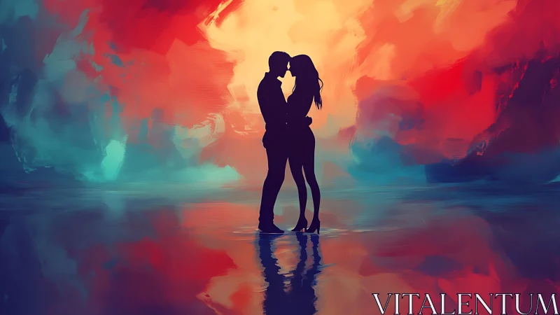 Silhouetted Couple Embracing Against Luminous Gradient Sky