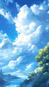 Sky cathedral of drifting clouds above quiet azure bay.