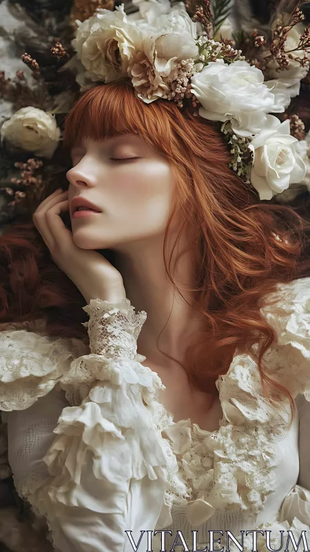 Red haired woman in lace dress with floral crown in soft focus