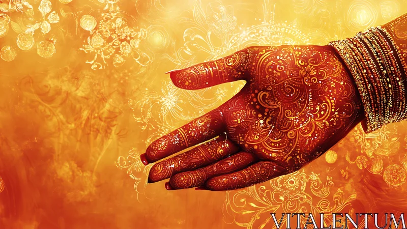 Ornate henna hand illustration with radiant warm backdrop.