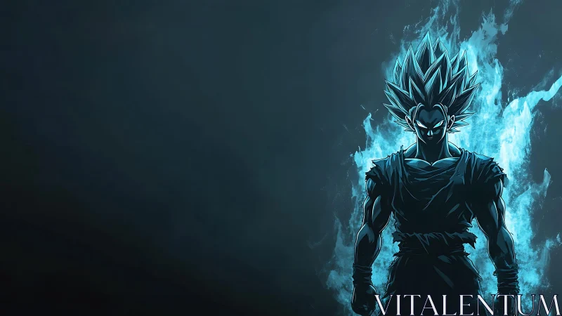 Electric blue warrior standing strong in glowing storm.