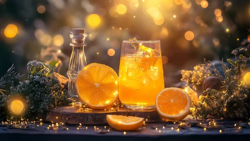 Golden Hour Citrus Still Life with Luminous Beverage Display