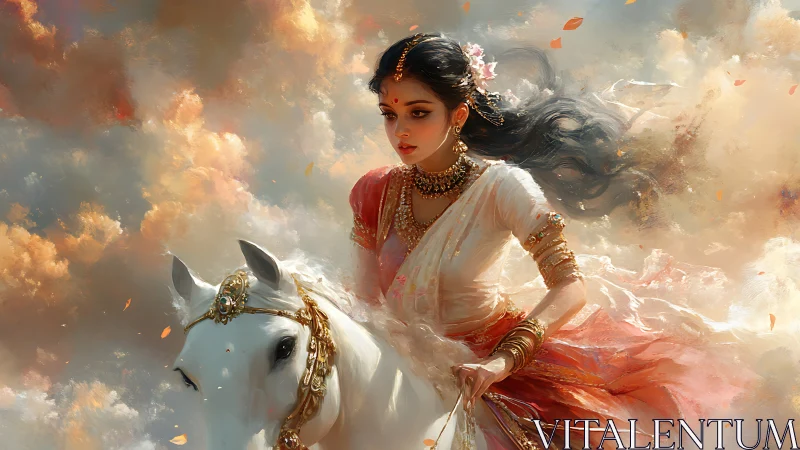 Clouds swirl as a jeweled rider guides her luminous steed