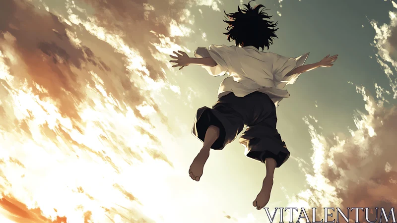 Boy suspended midair against glowing sunset clouds