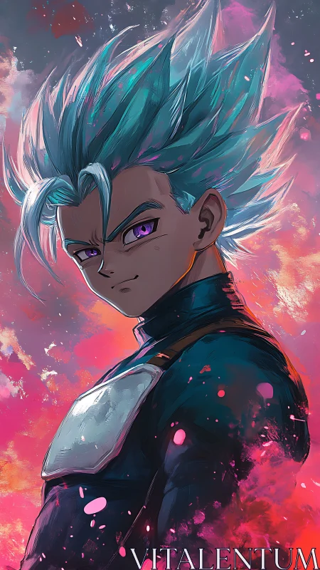 Starlit Saiyan prodigy amid neon firestorm skies.