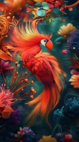 Radiant scarlet parrot amid surreal tropical florals.