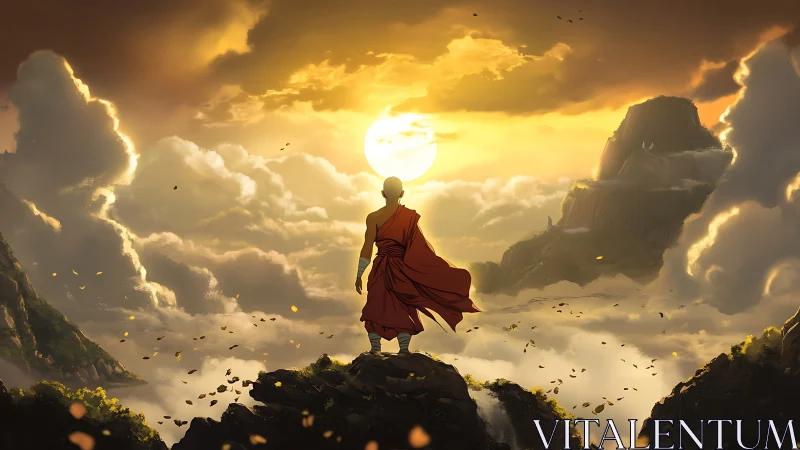 Backlit monk observes volumetric clouds above layered cliffs