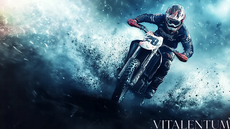 Motocross rider powers through explosive blue dirt storm.