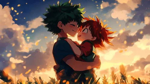 Two smiling anime children embrace within glowing sunset field