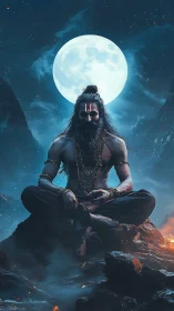 Digital painting of ascetic yogi under luminous full moon.