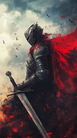 Armored knight with flaming red cloak surveys storm sky