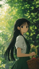 Anime girl in green forest path holding produce basket.