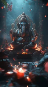Divine blue Ganesha idol amid glowing temple lamps.