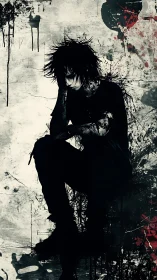 Monochrome grunge silhouette of crouched figure with splatter textures