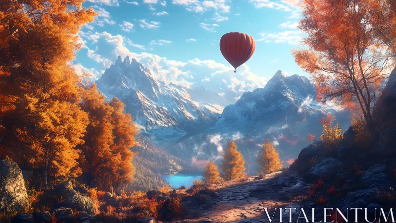 Autumn alpine valley with hot air balloon over glacial lake