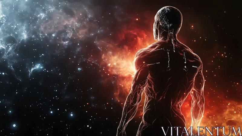 Human silhouette outlined against fiery cosmic nebula.