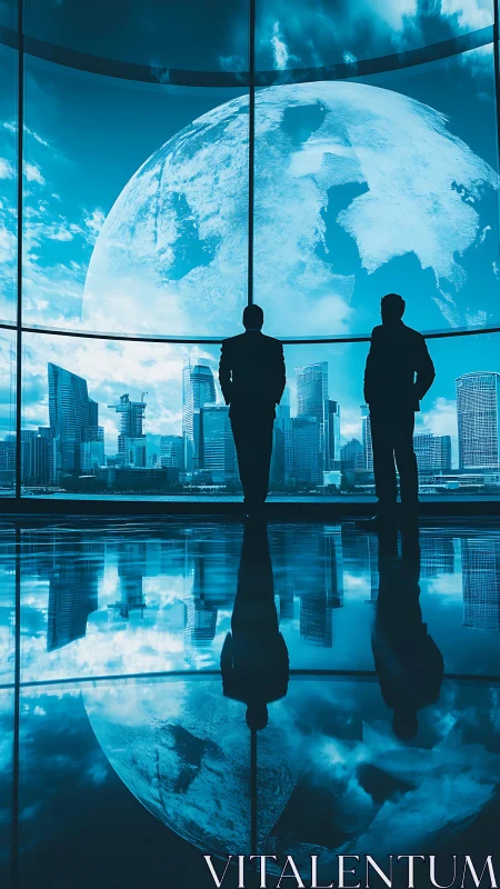 Two businessmen gaze upon Earth from futuristic observation tower.