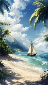 Sunlit sailboat drifting along a peaceful tropical shore.