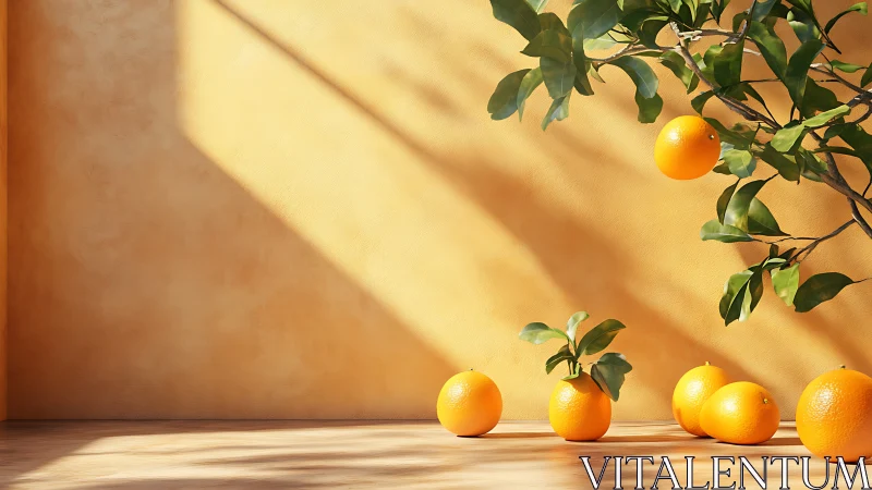 Sunlit oranges rest gently against a warm golden wall