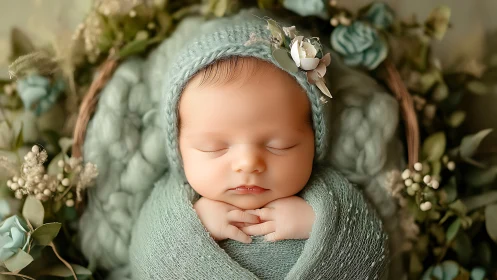 Peaceful Newborn Dreaming in Soft Garden Blossoms.